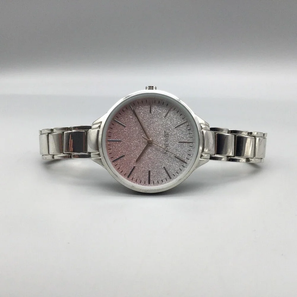 Nine West Womens Watch 36mm Silver Tone Pink Glitter Dial NW23837 New Battery 7